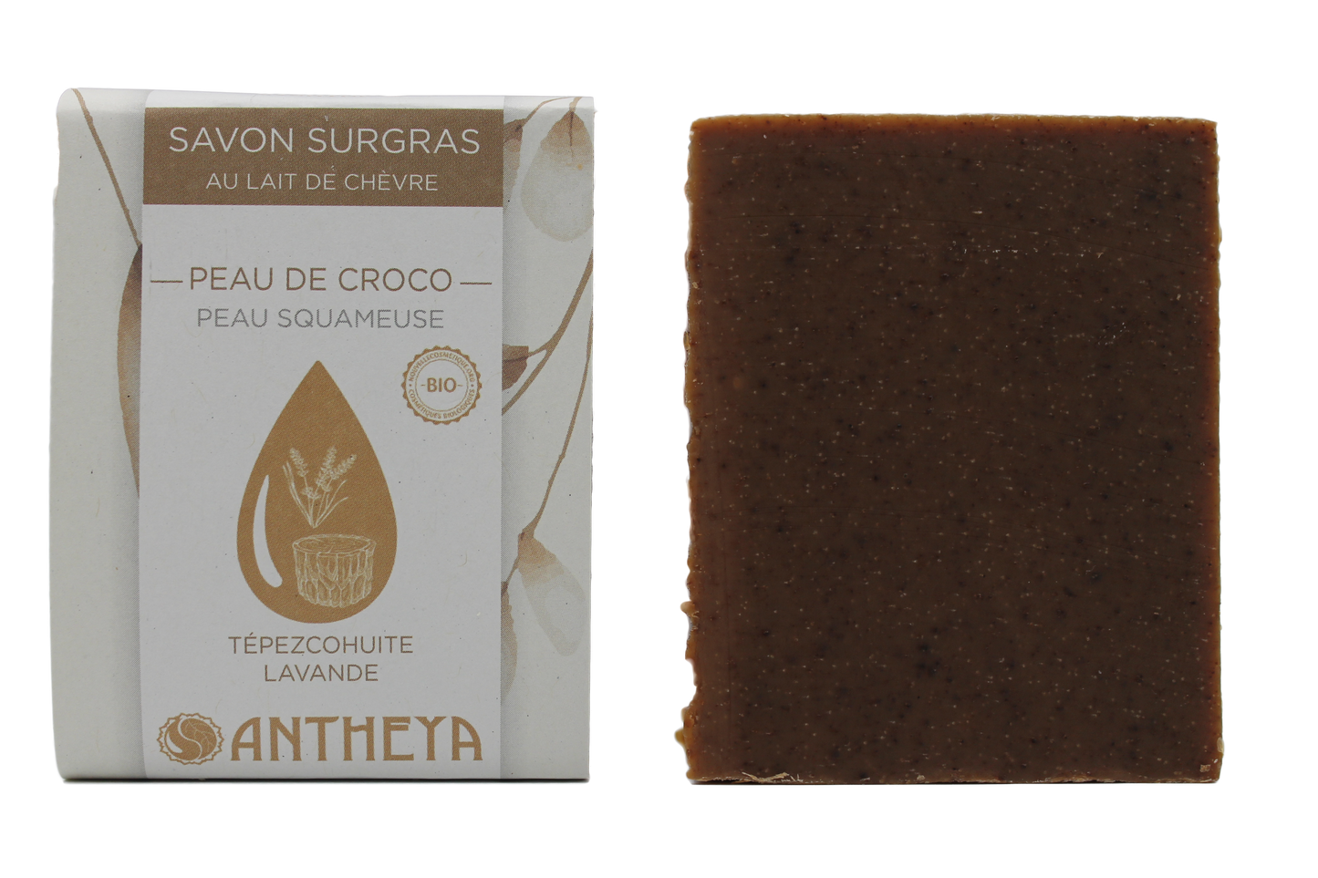 Antheya -- Savon lait de chèvre/tépezcohuite - peau de croco ou squameuse (bande papier) - 100 g